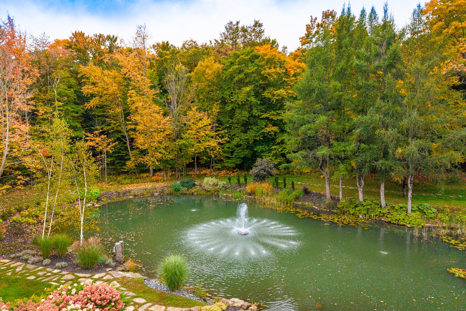 Étang privé avec fontaine entouré de boisés